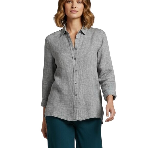 J. Jill Love Linen Shirt SZ L Gray Relaxed Fit Lagenlook Minimalist - Picture 1 of 8
